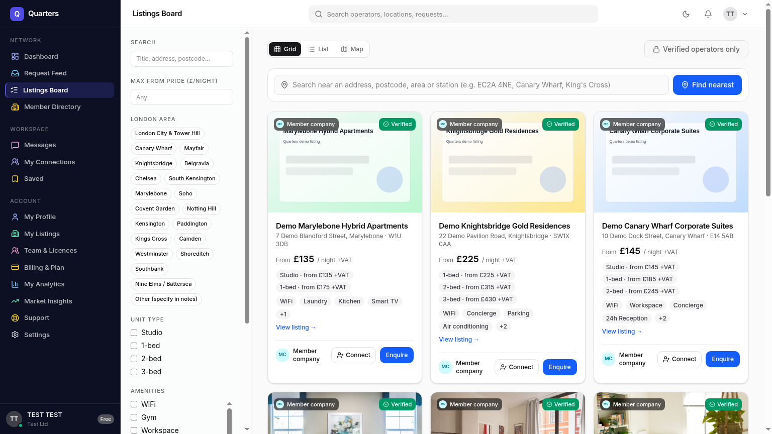 Browsing verified operators and listings on the Quarters network